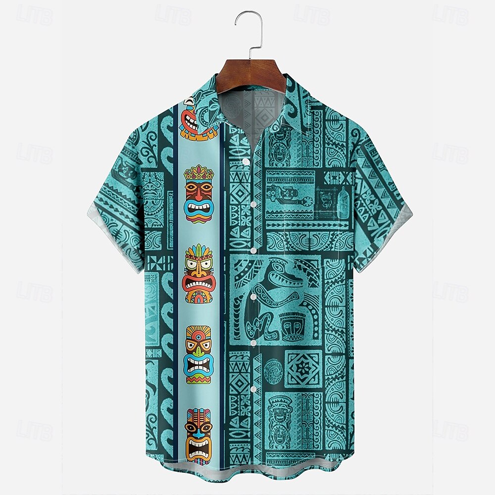 Camisa étnica Camisa de bolos Camisa abotonada Manga corta Hawaiana Deportiva Casual