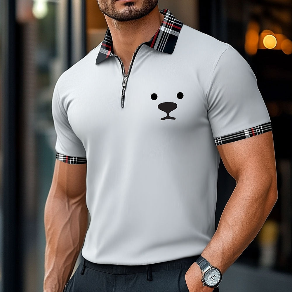 Dog Print Zip Polo Shirt Casual Summer Wear