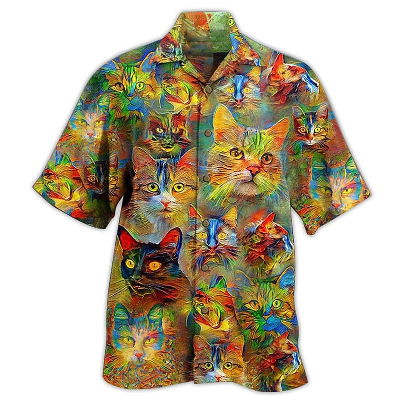 Camisa hawaiana de verano con pintura al óleo de gato tropical