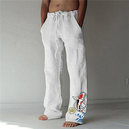 Fish Print Drawstring Beach Trousers