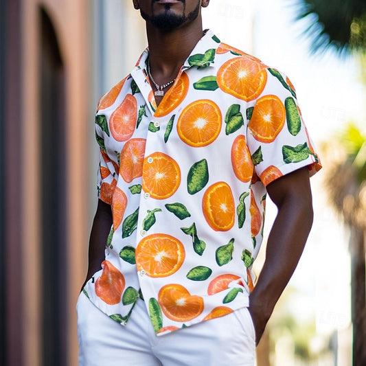 Camisa hawaiana de verano con estampado de frutas y color naranja