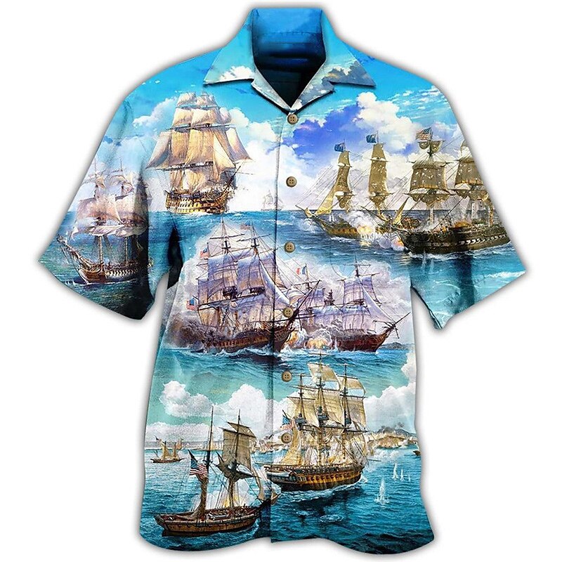 Camisa hawaiana de verano con estampado de paisaje marino y barco