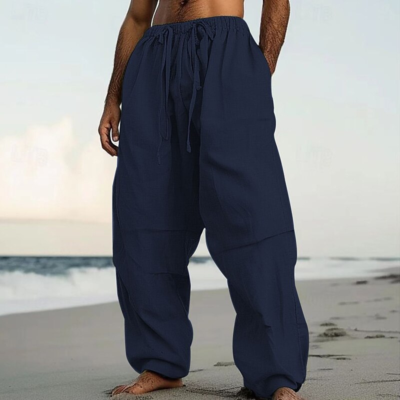 Pleated Linen Drawstring Beach Pants