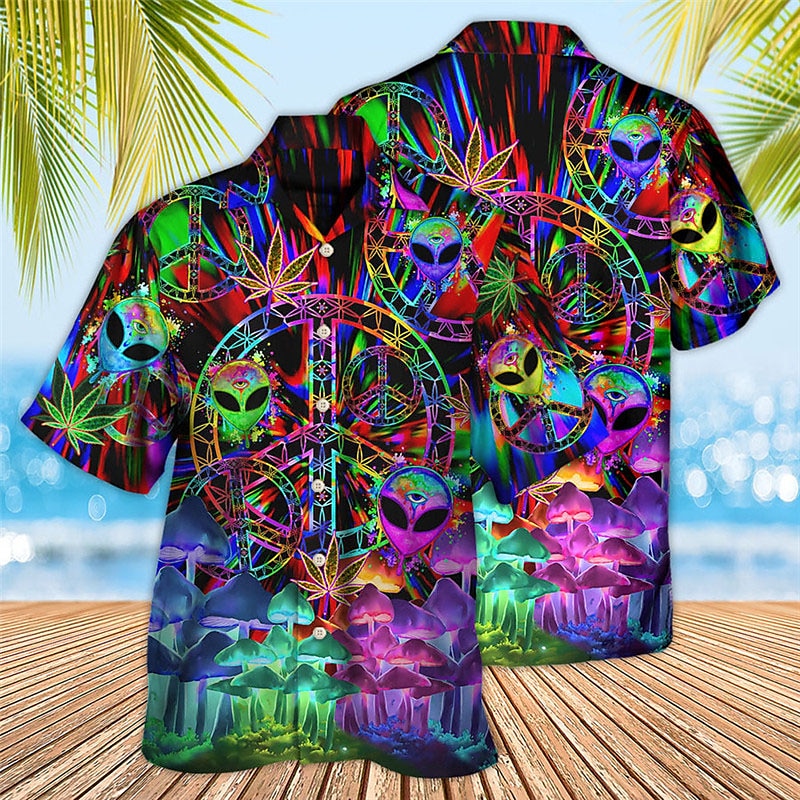 Camisa hawaiana de verano con diseño de hongo alienígena de colores