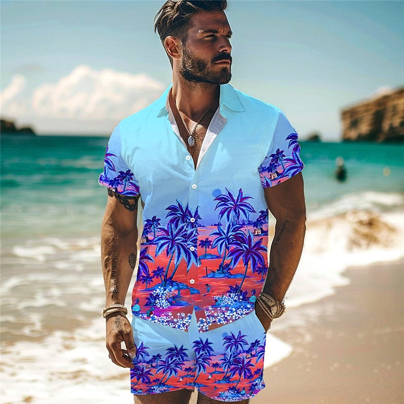 Palm Tree Tropical Botanical Seascape Pattern Shirt Set