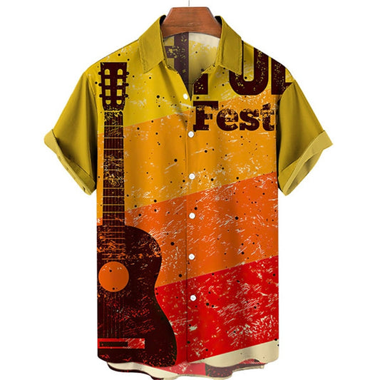 Camisa abotonada con instrumento musical de guitarra, camisa corta