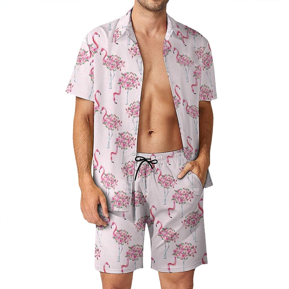 Flamingo Pattern Shirt Set Pink