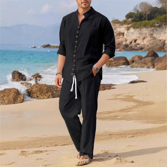 Solid color linen shirt two-piece set