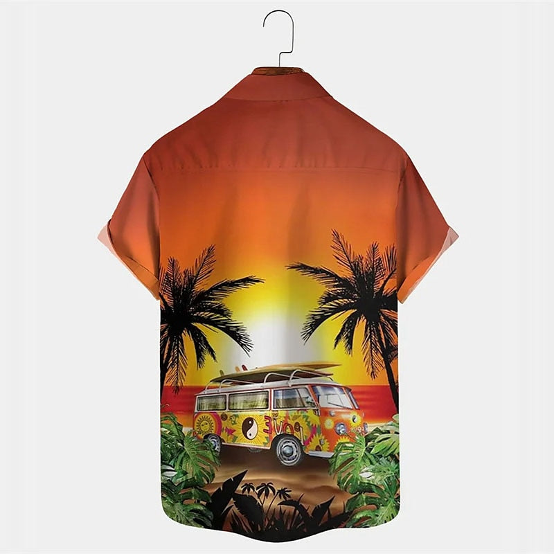 Camiseta con plantas tropicales, coche y cocotero