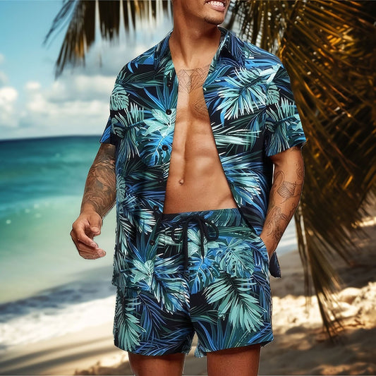 Tropical Botanical Summer Casual Printed Shirt Set Blue
