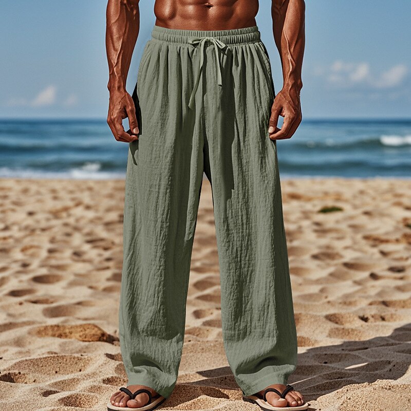 Linen Drawstring Straight-Leg Pants