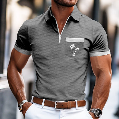 Palm Tree Zip Summer Casual Polo Shirt