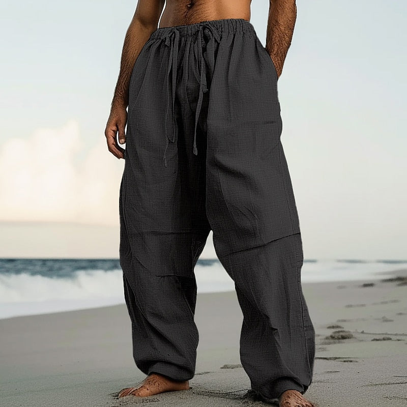 Pleated Linen Drawstring Beach Pants
