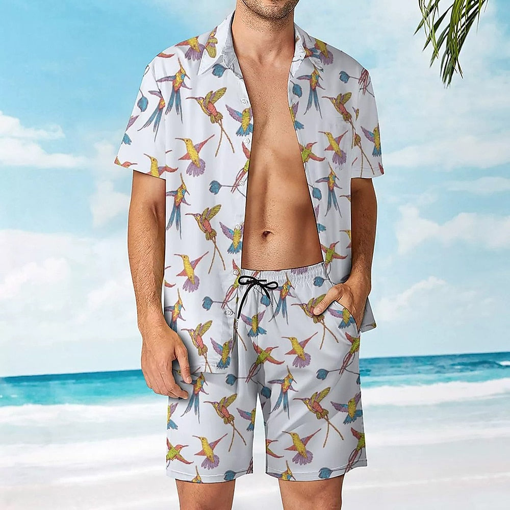 Cartoon Hummingbird Pattern Print Hawaiian Shirt Set