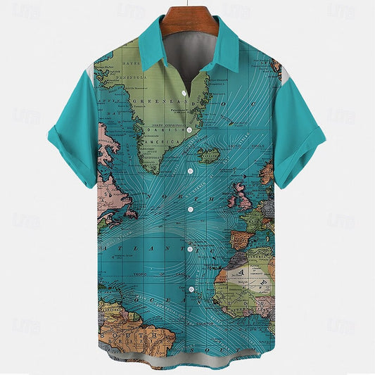 Camisa informal con botones y manga corta con mapa del mundo