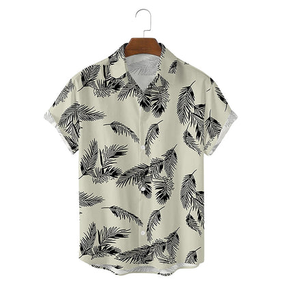 Camisa hawaiana de verano con cuello de campamento y estampado de plantas tropicales y plumas