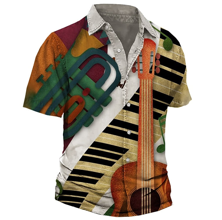 Camisa con botones y notas musicales y teclas panorámicas de manga corta