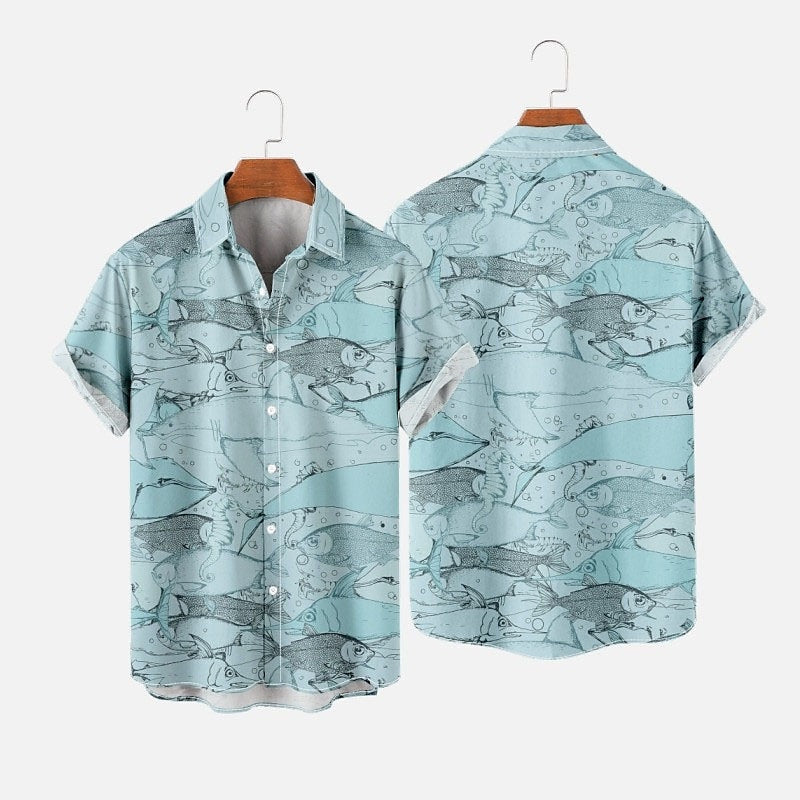 Camisa hawaiana de verano con estampado de animales y peces tropicales