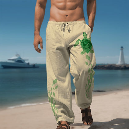 Turtle Print Linen Baggy Pants