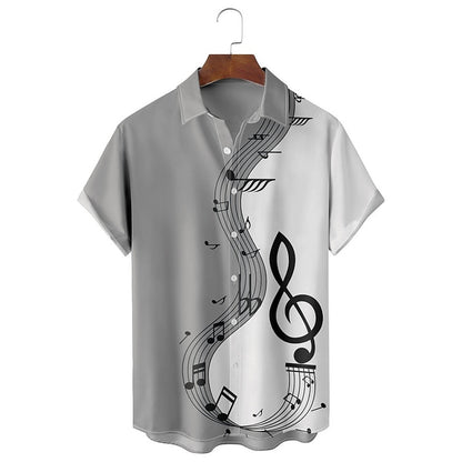 Camisa con notas musicales, camisa abotonada, manga corta, informal, para uso diario