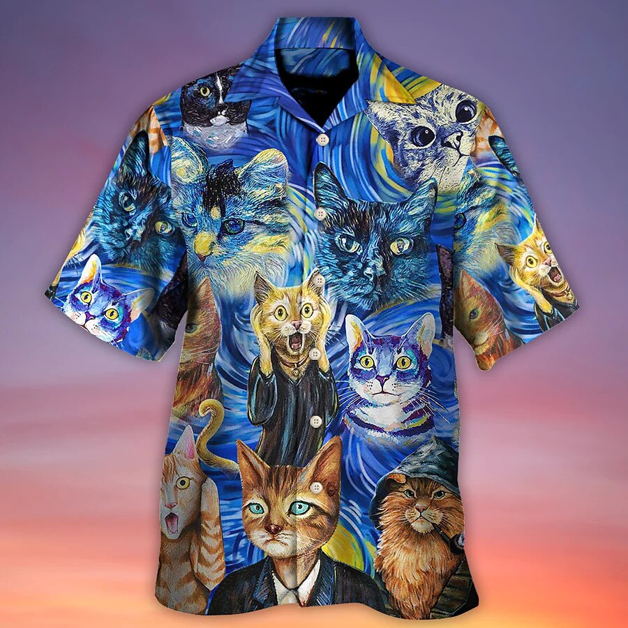 Camisa hawaiana de verano con pintura al óleo de gato tropical