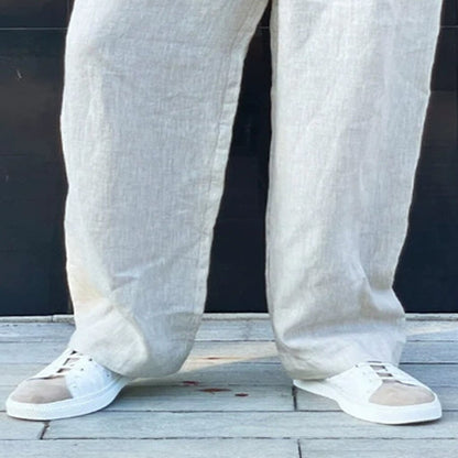 Pleated Linen Straight-Leg Pants