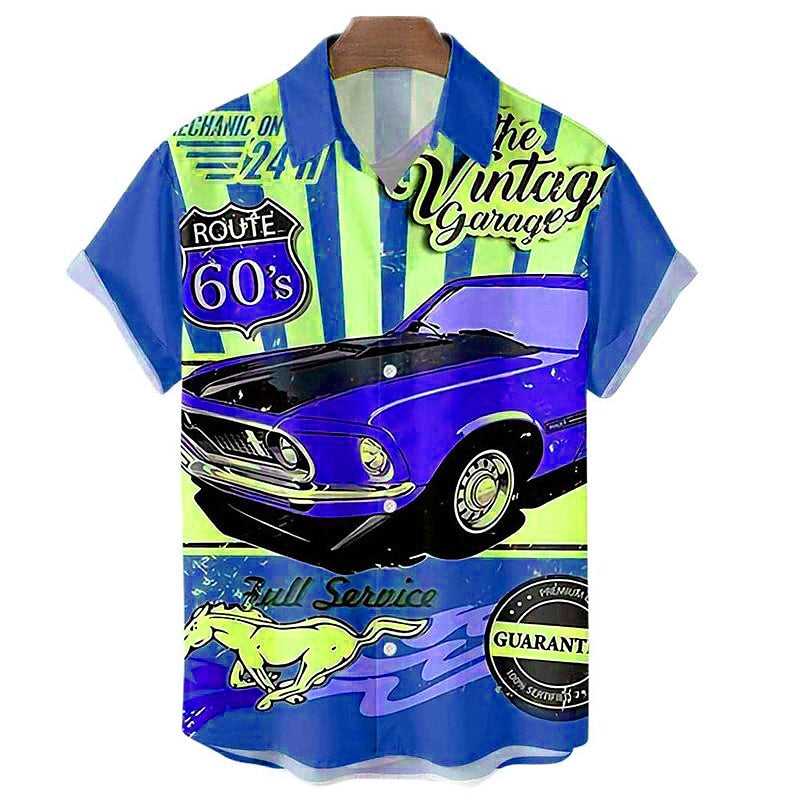 Camisa hawaiana de verano con letras de coche, camisa hawaiana de manga corta