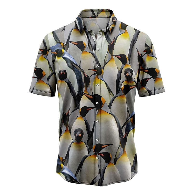 Camisa hawaiana de verano con estampado de animales tropicales y pingüinos