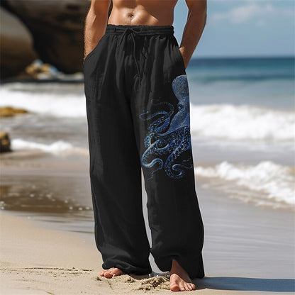 Octopus Print Linen Baggy Pants