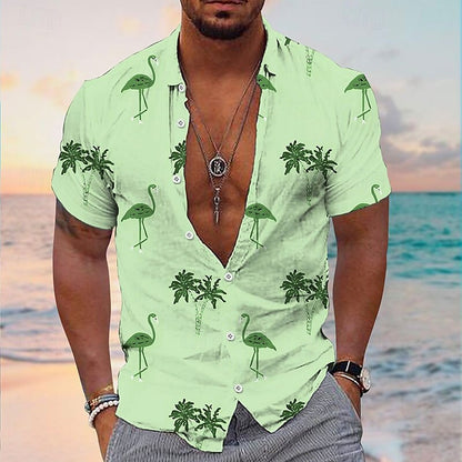 Camiseta con plantas tropicales, coco y flamenco