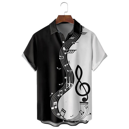 Camisa con notas musicales, camisa abotonada, manga corta, informal, para uso diario