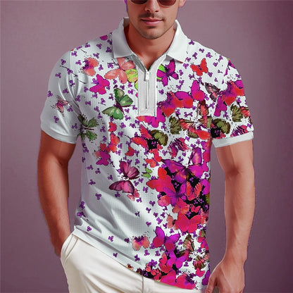 3D Butterfly Hawaiian Zip Polo