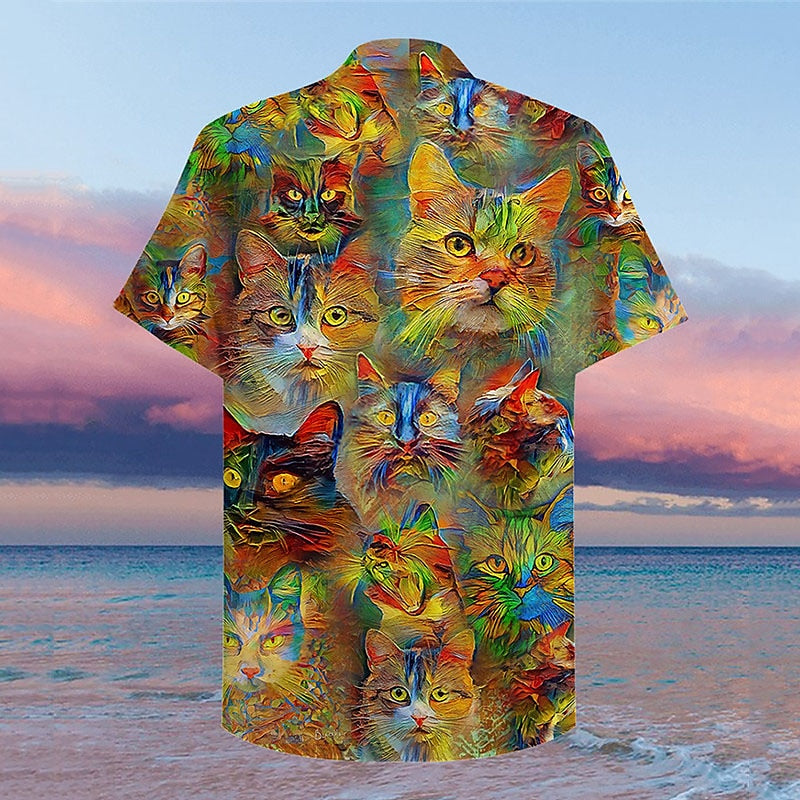 Camisa hawaiana de verano con pintura al óleo de gato tropical