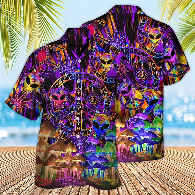 Camisa hawaiana de verano con diseño de hongo alienígena de colores