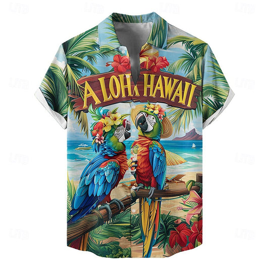 Camisa hawaiana de verano con diseño de pájaros, loros, flores y plantas, camisa hawaiana de manga corta