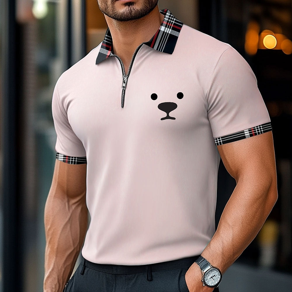 Dog Print Zip Polo Shirt Casual Summer Wear