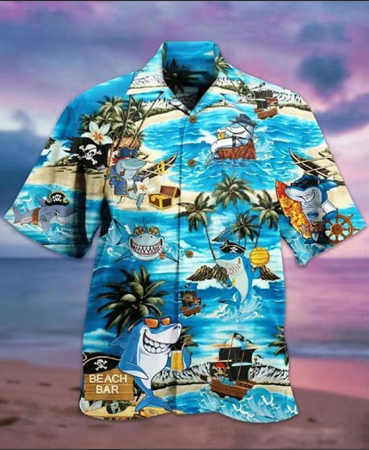 Shark Fish Palm Tree Camp Collar Shirt