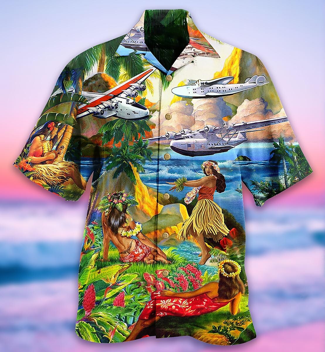 Camisa hawaiana de verano para niñas con diseño de avión, camisa hawaiana, camisa de manga corta