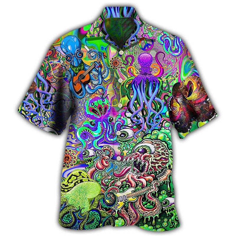 Camisa hawaiana de verano con pulpo y guitarra tropical Camisa Aloha