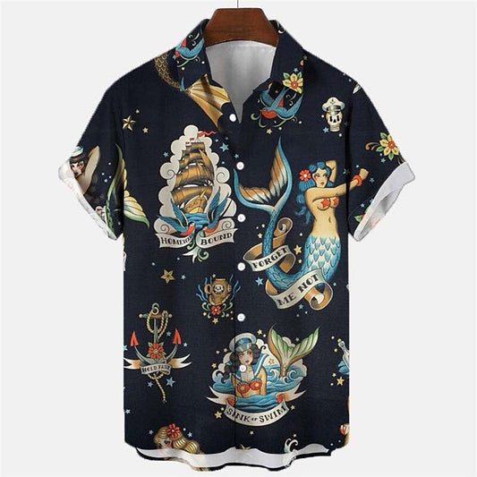 Camisa pirata de sirena Camisa hawaiana de verano Camisa Aloha