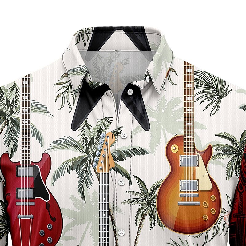 Camisa hawaiana de verano con notas musicales de guitarra, camisa abotonada de manga corta