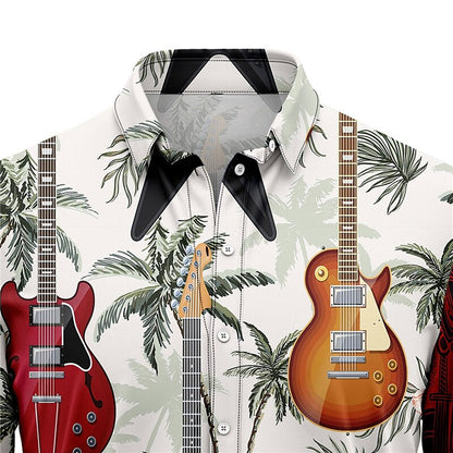 Camisa hawaiana de verano con notas musicales de guitarra, camisa abotonada de manga corta