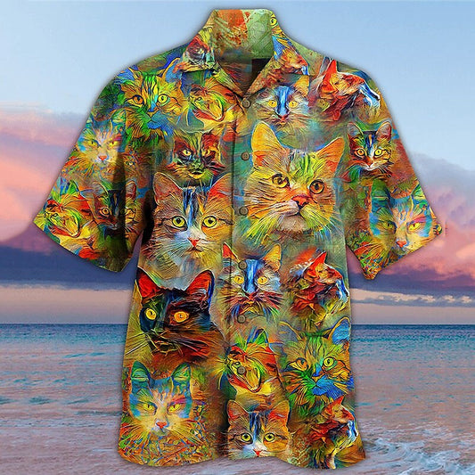 Camisa hawaiana de verano con pintura al óleo de gato tropical